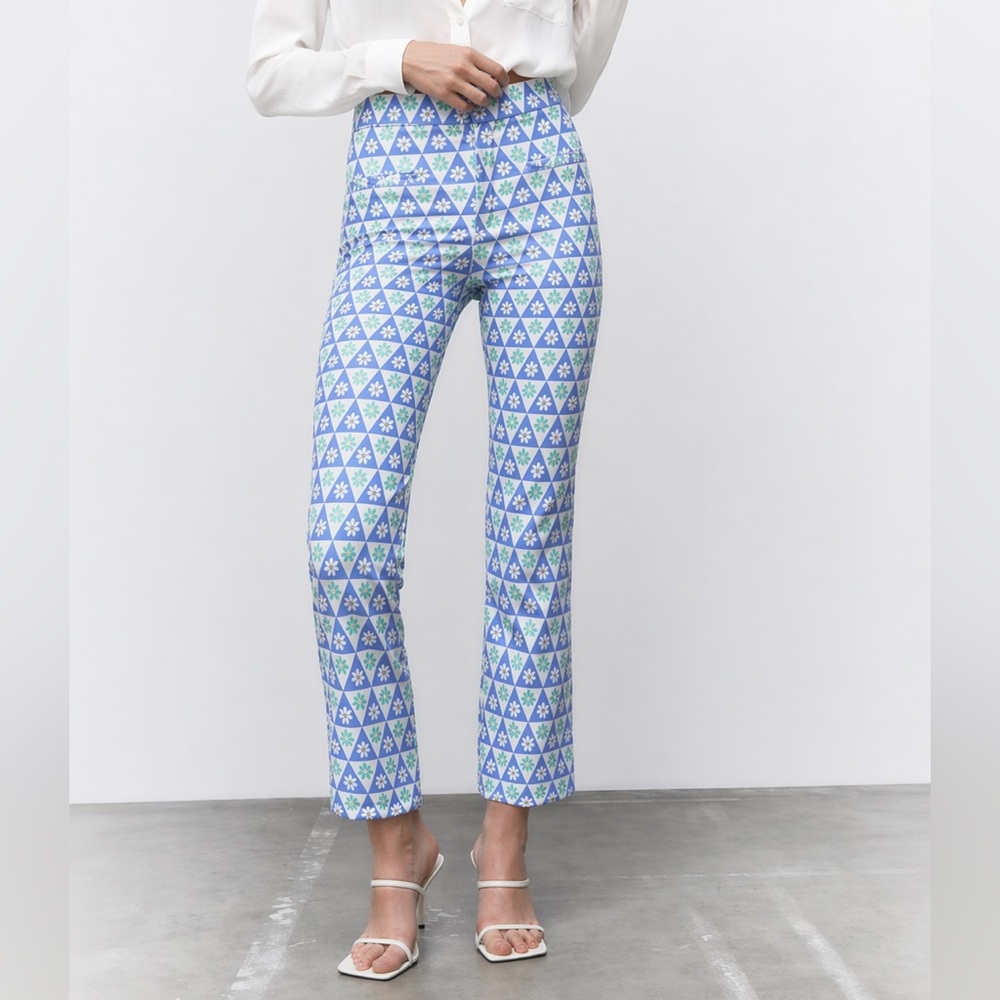 Zara Blue, Green & White Geometric Floral Print  Fare trouser CUTE